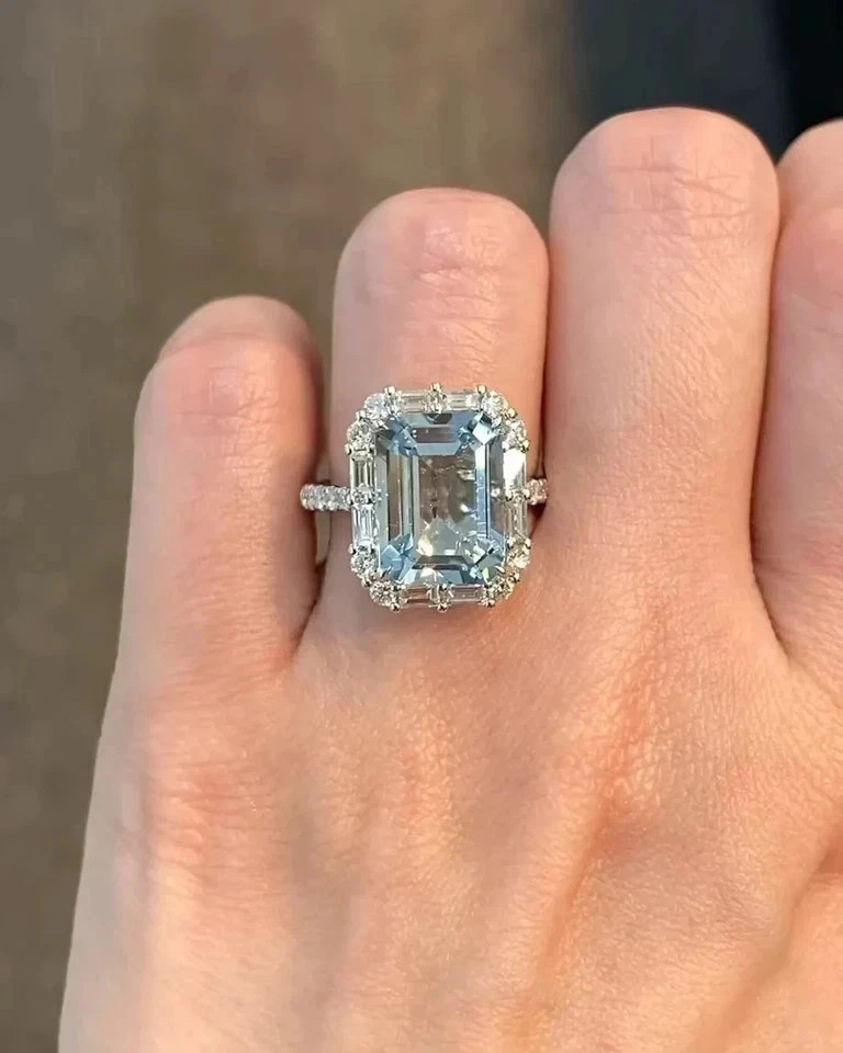 5.80 Ct Emerald Cut Natural Aquamarine Diamond Wedding Ring 14K White Gold 6 7 8