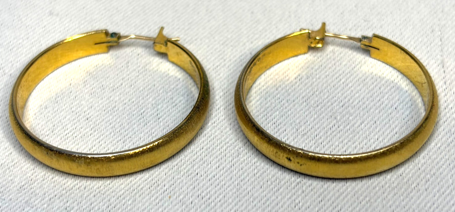 Vintage Brushed Gold Hoop Earrings Satin Finish Medium Thick Click-Top 1.25”