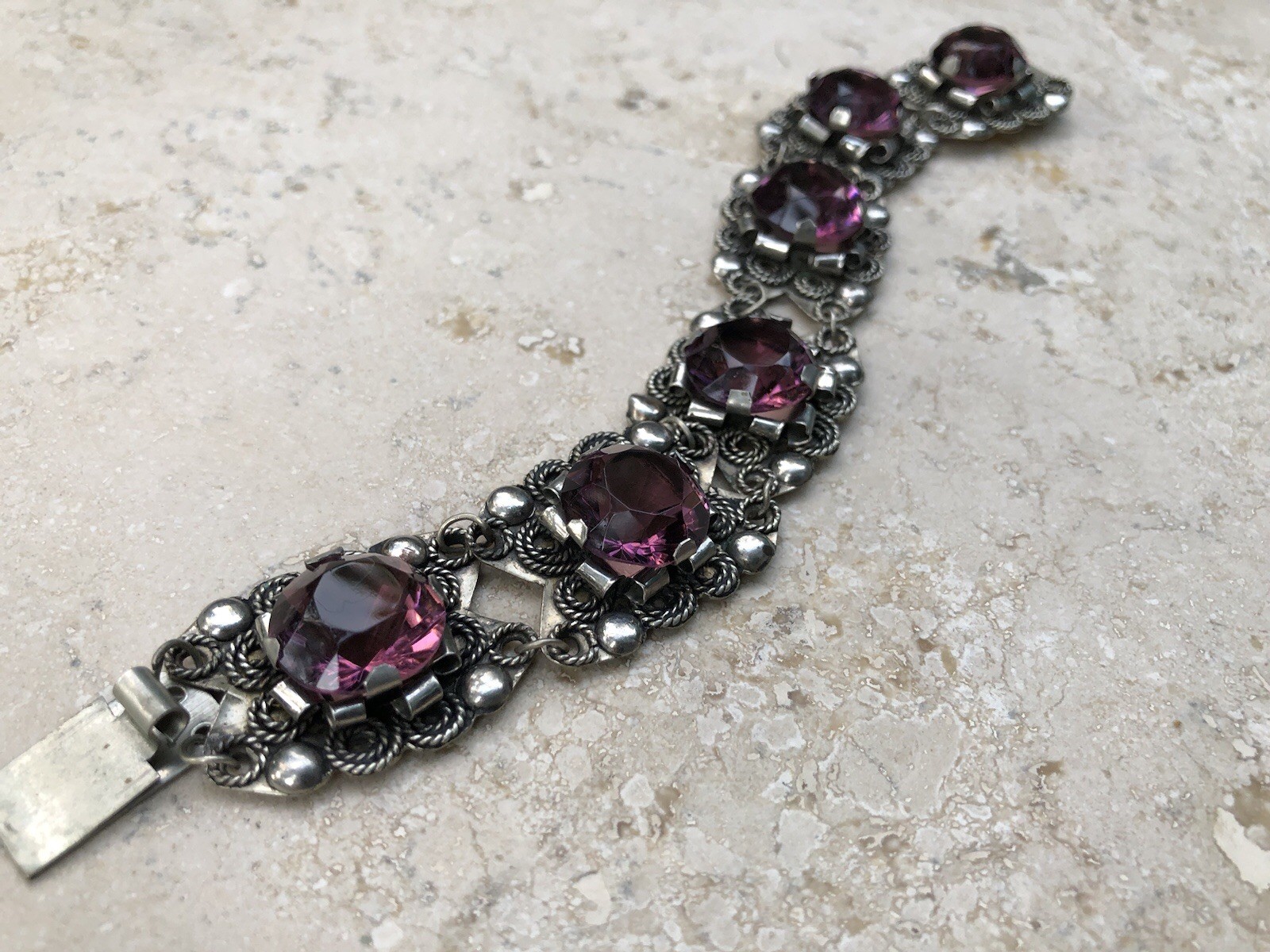 🌟🍇Vintage MEXICO STERLING SILVER Purple Color Stones STATEMENT PANEL Bracelet