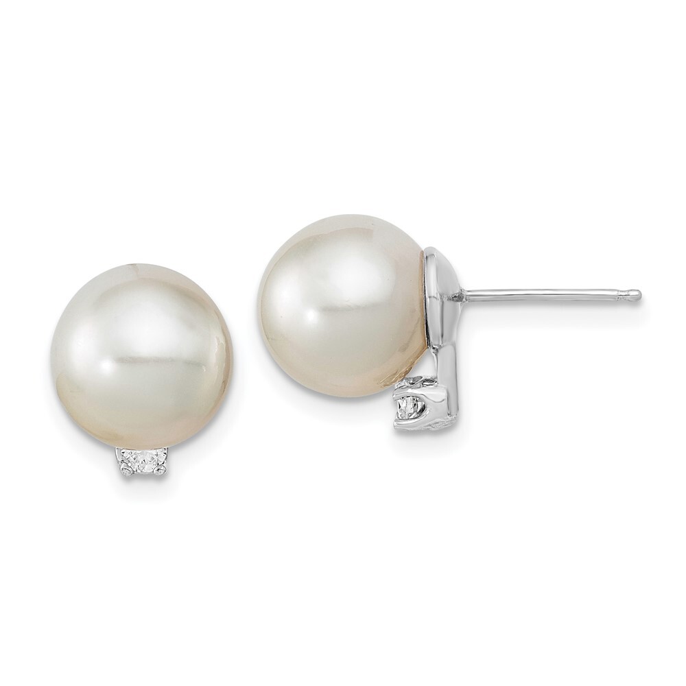 14k White Gold 9-10mm White Saltwater South Sea Pearl and Diamond Stud Earrings