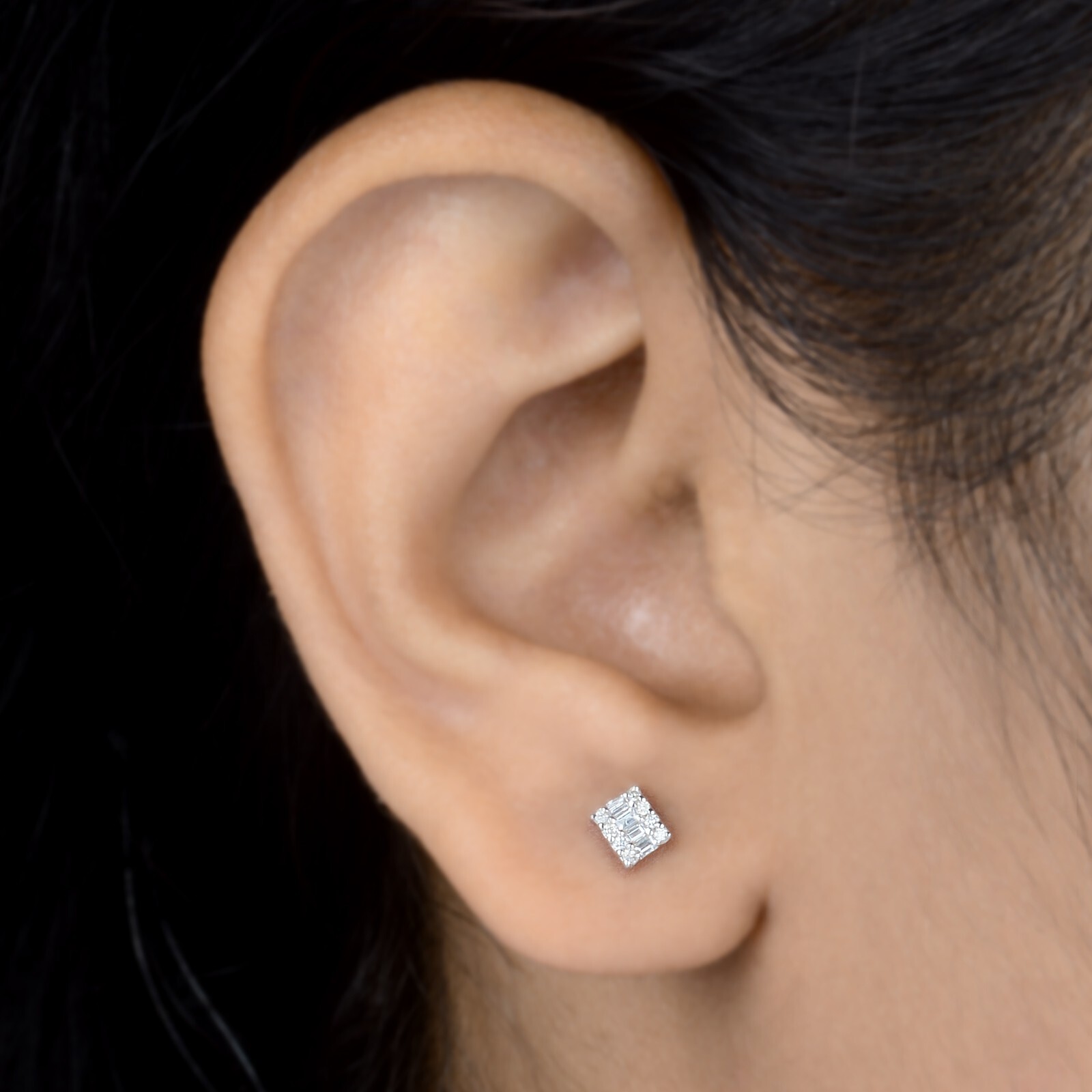Diamond Earrings Studs 10k White Gold 0.16ct Round & Baguette Cut Studs Earrings