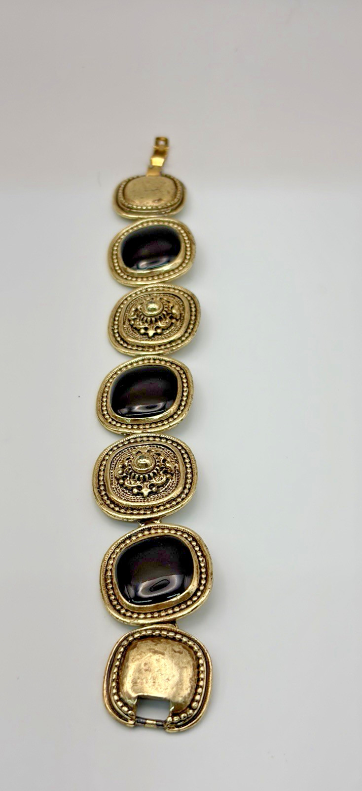 Vintage Gold Tone Etruscan Revival Black Stone Cabochon Link Bracelet