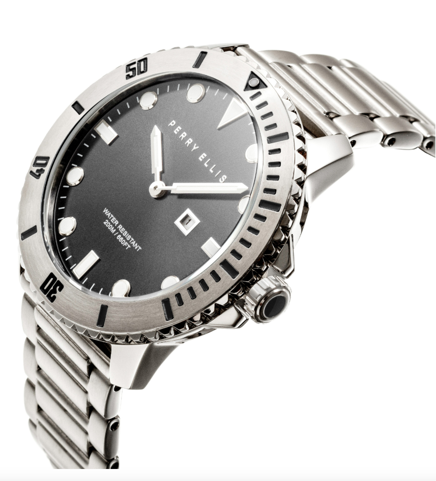 Perry Ellis Watch 02001-02 Deep Diver Quartz 46 mm Case Men’s Silver 20ATM 200m.