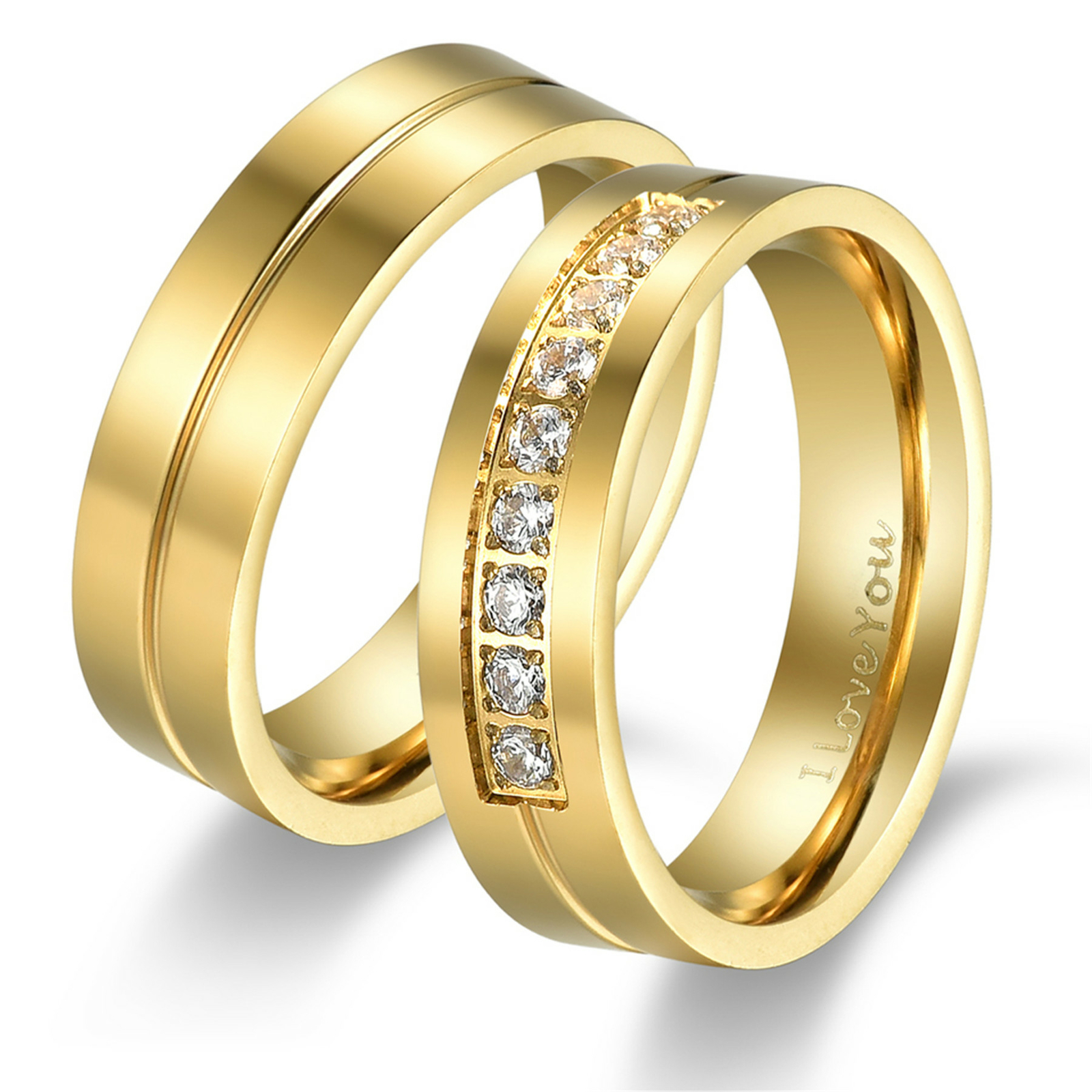 Couples Stainless Steel/Yellow Gold Plated CZ Ring I Love You Promise Band Gift