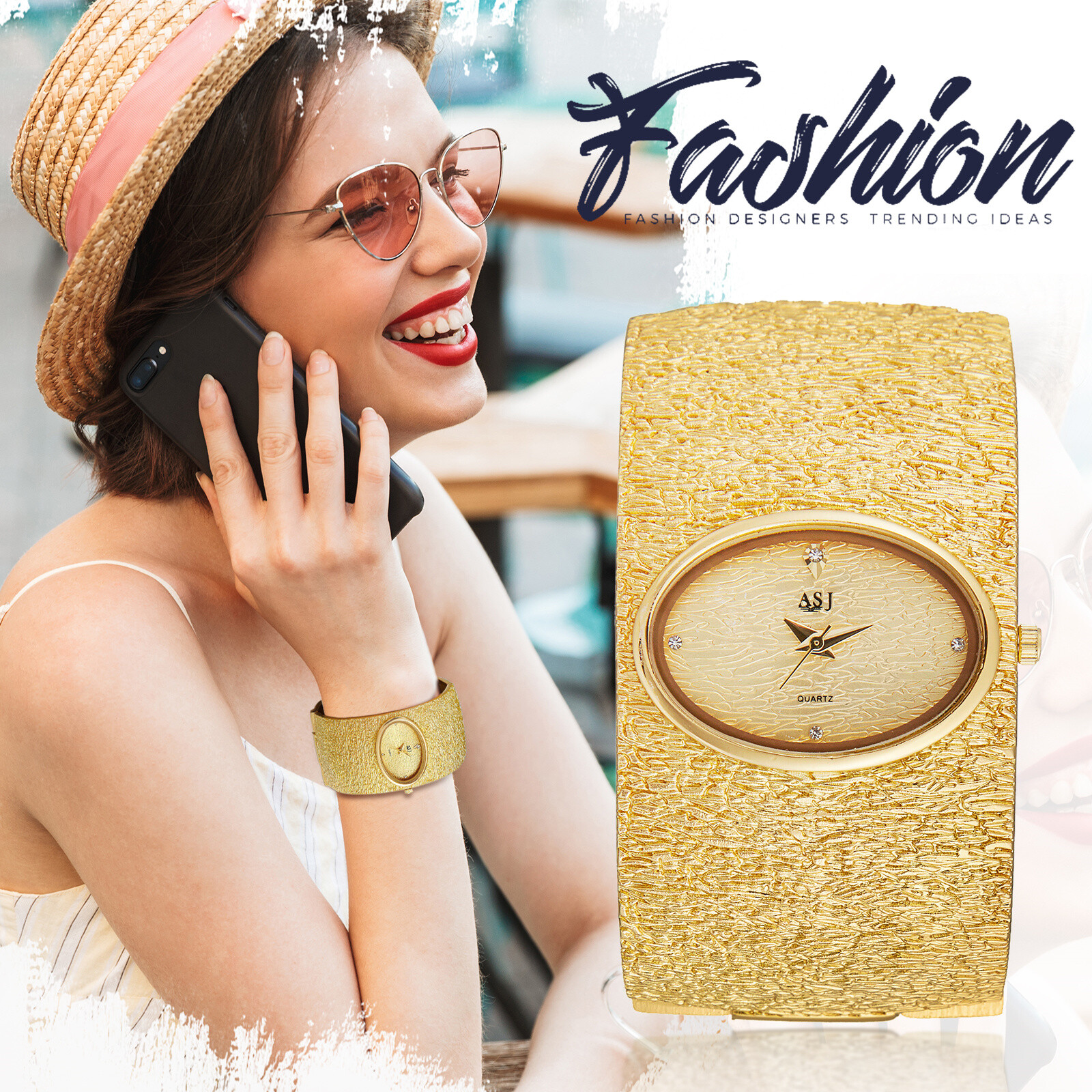 Womens Luxury Gold Chunky Bangle Retro Oval CZ Dial Analog Dress Cuff Wristwatch