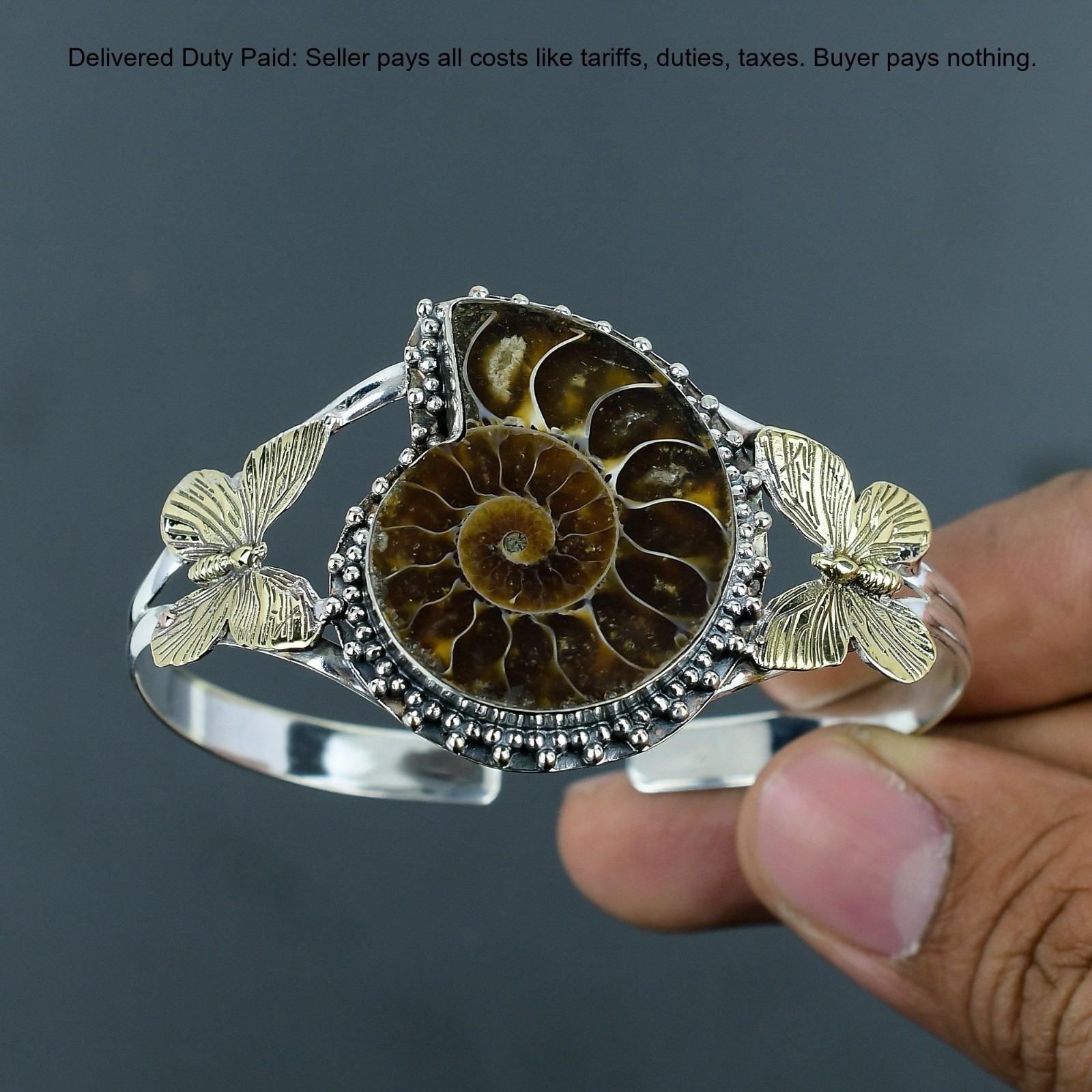 Christmas Deal Ammonite Fossil Gemstone Bezel Bangle Jewelry 925 Sterling Silver