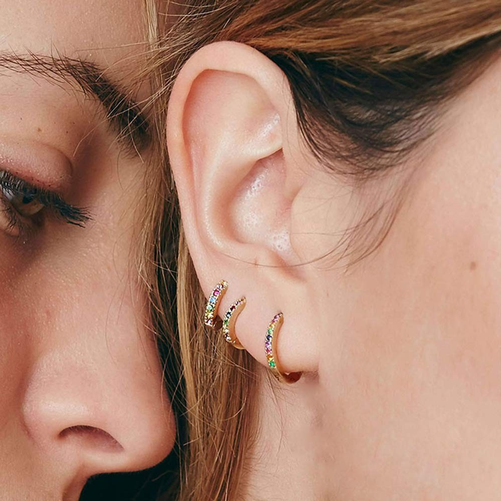 Rainbow Gold-tone Small Cartilage Hoop Earrings for Women Small, Multicolor