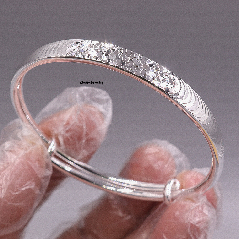 Real S999 Fine Silver 999 Women 6.5mm Lucky Laser Figure Bangle 25-26g 55-61mm