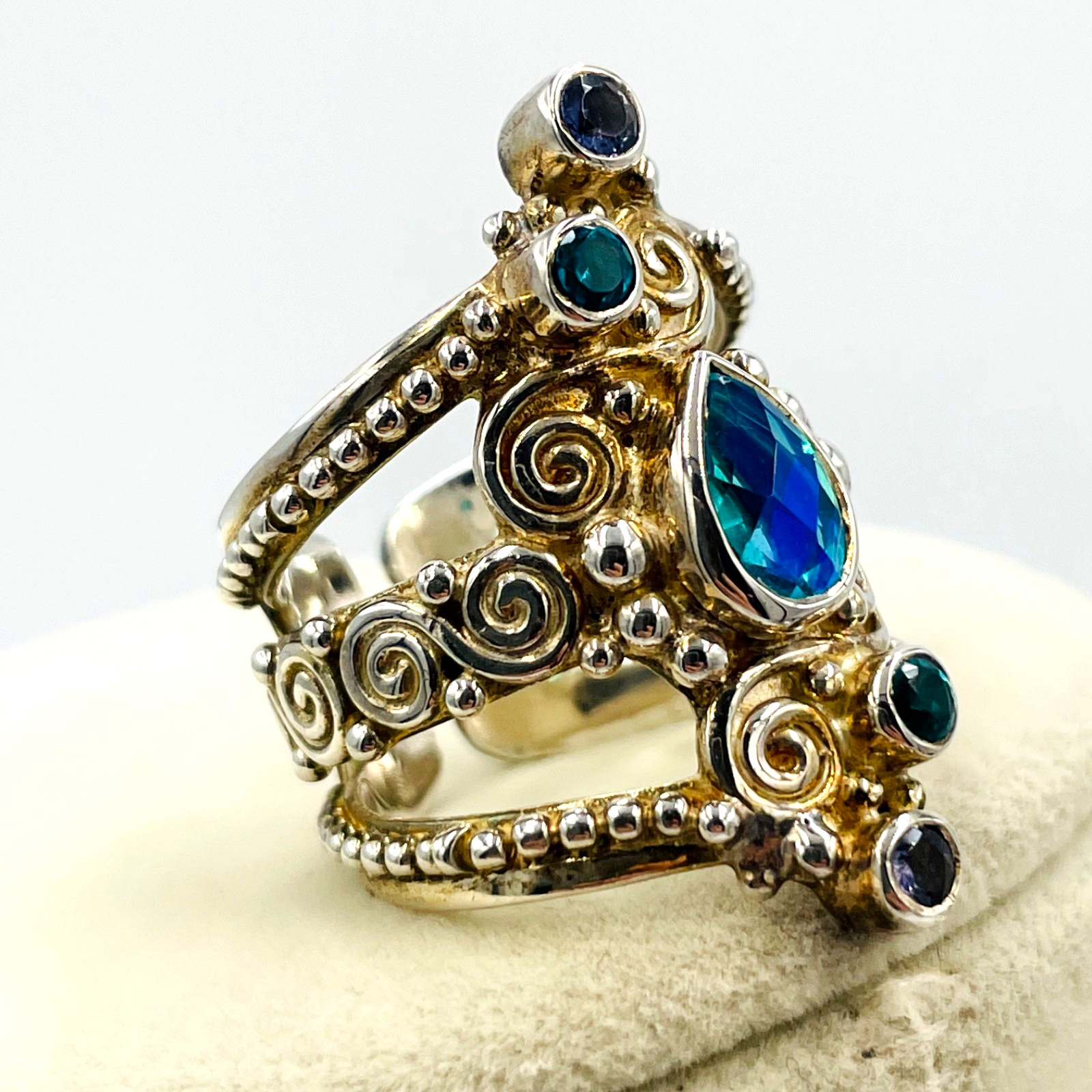 Sajen Mystic Fire Quartz Multi Gemstone 925 STS Adjustable Ring Sz 9 Boho Hippie