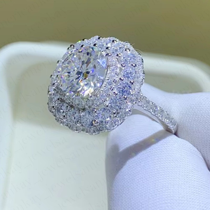 2.30Ctw Round Moissanite Double Halo Engagement Ring 14K White Gold Plated