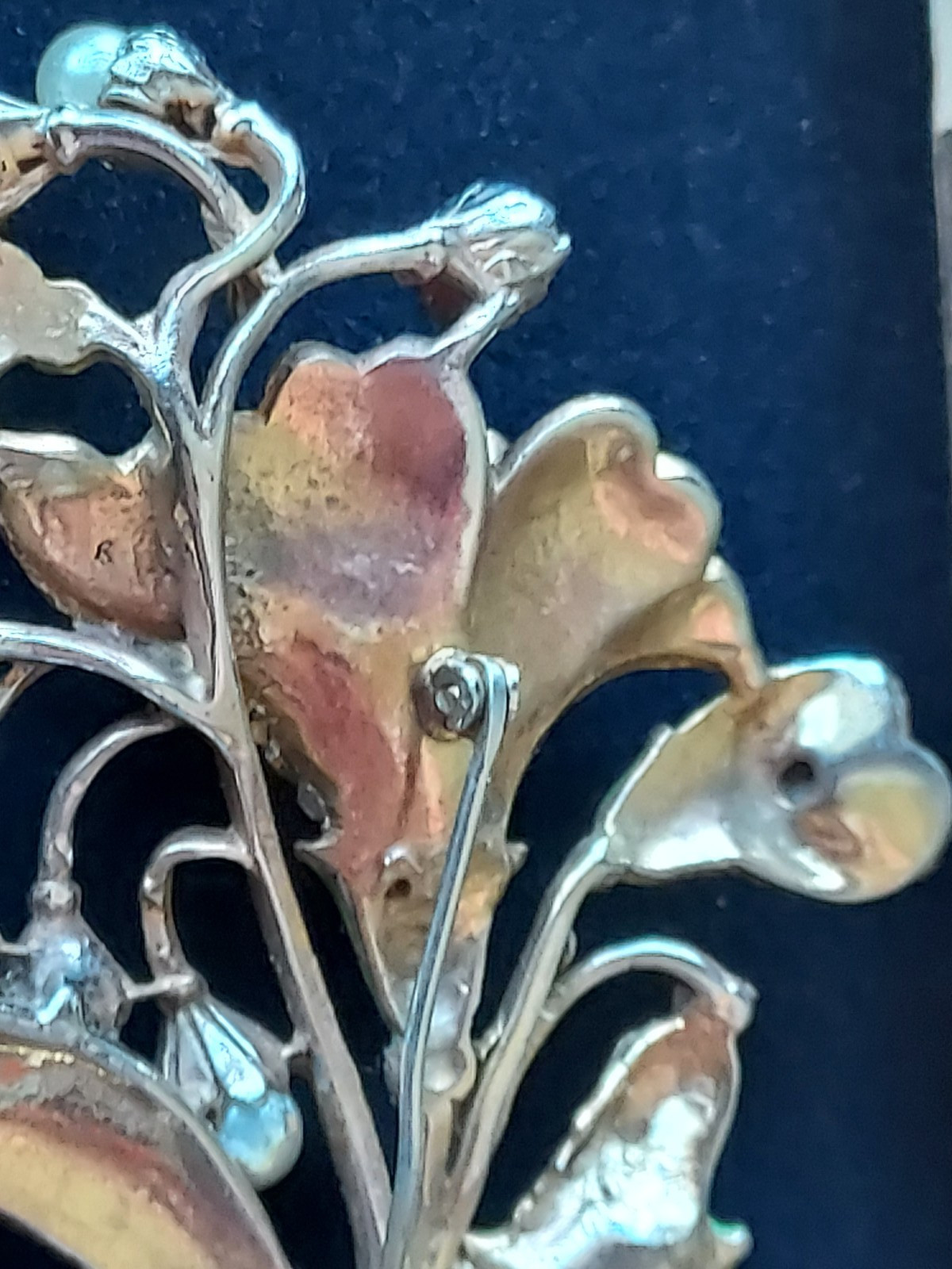 Vintage Blue Green Enamel Rhinestone Pearl Flower Brooch Pin “B” Boucher?