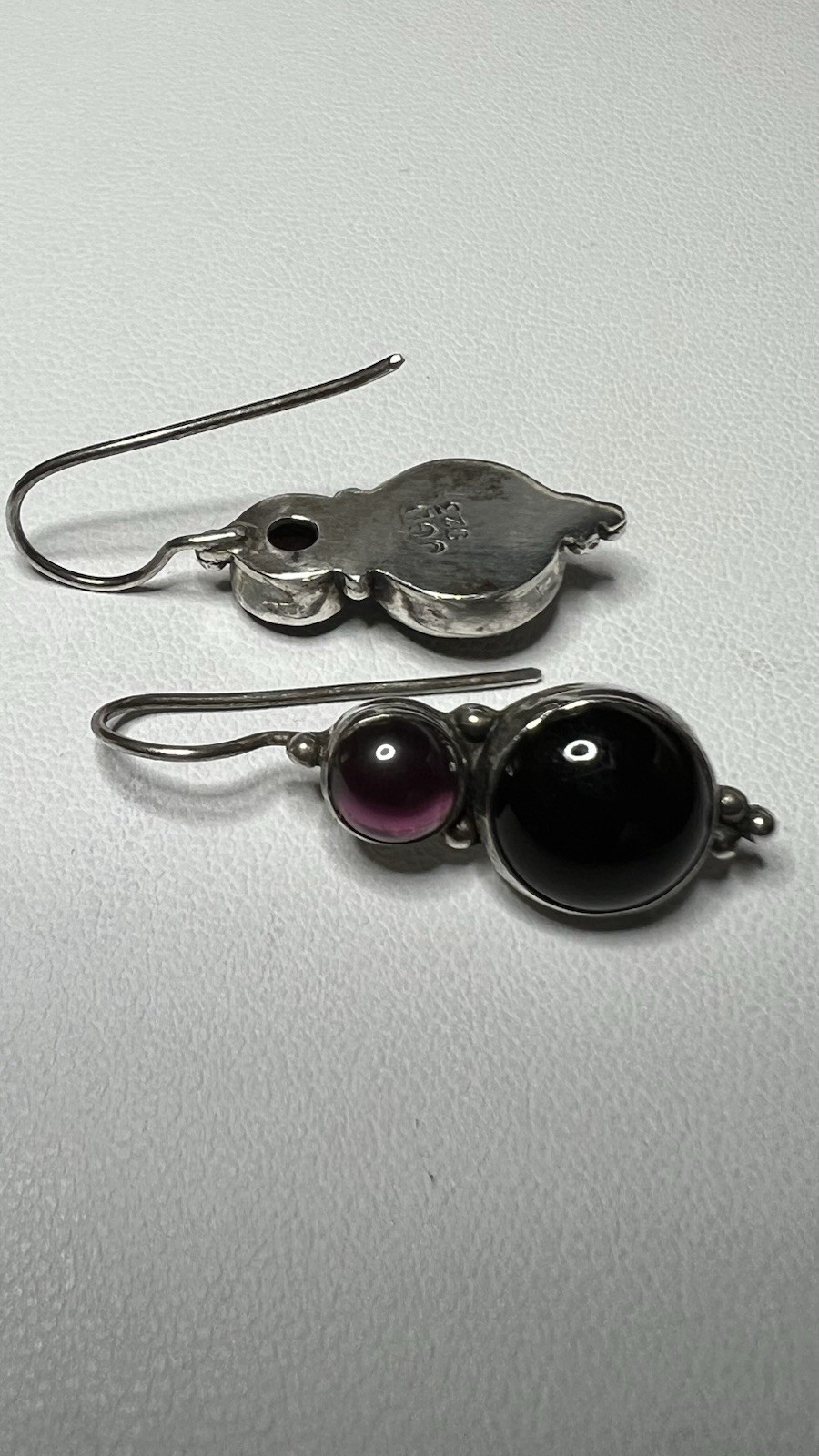 Signed JGD 925 Sterling Pink Tourmaline and Black Onyx Drop Hook Earrings Bezel