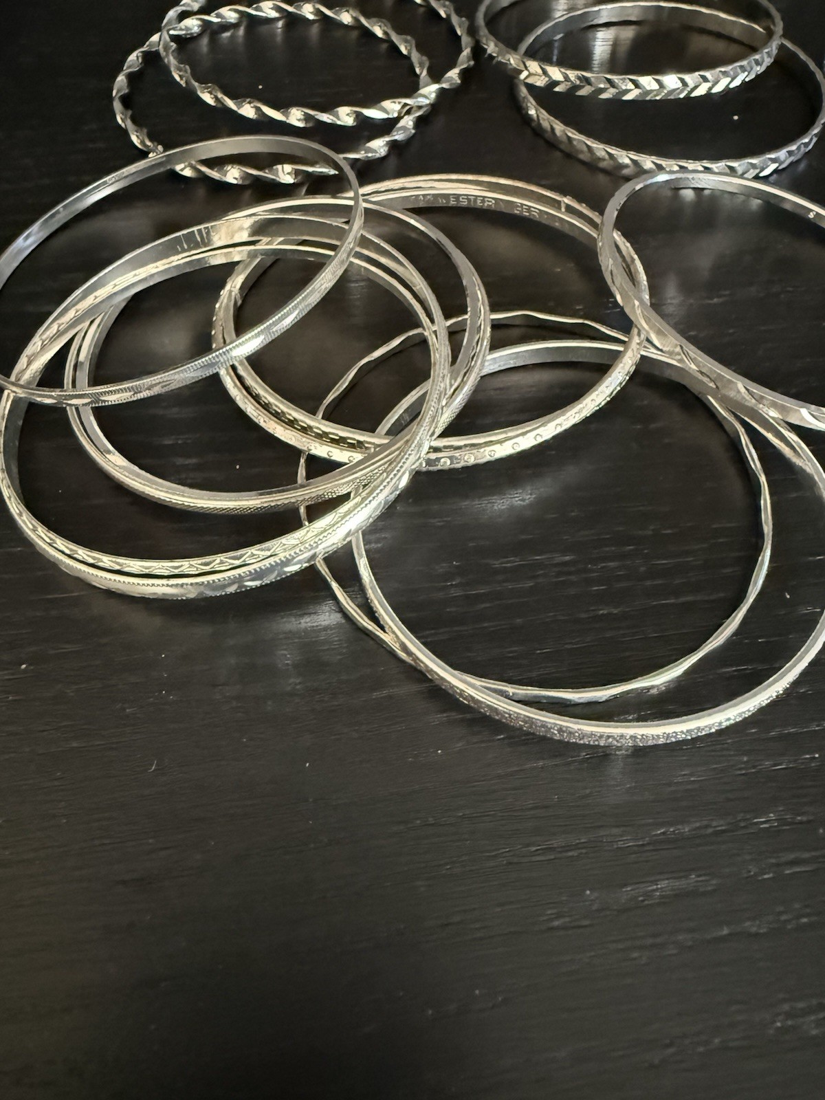 Lot Of 20+ Silver Tone Bangle Bracelets Thin Lightweight Stackable Textured