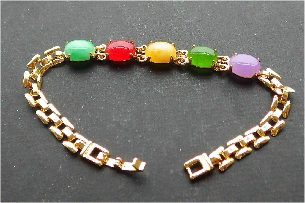 Gold Plate Lavender Red Green Yellow JADE Cabochon Beads Bangle Bracelet 101006
