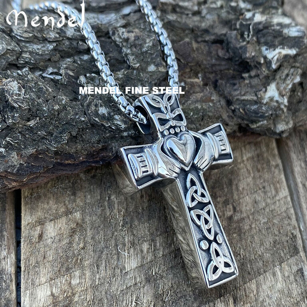 MENDEL Stainless Steel Irish Celtic Trinity Knot Claddagh Cross Pendant Necklace