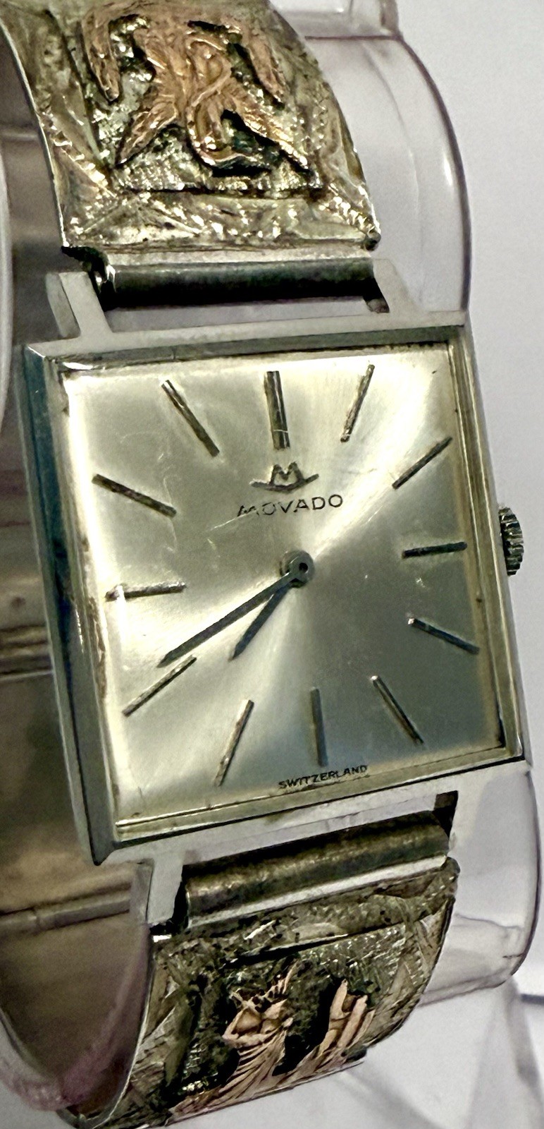 Vintage MOVADO 26mm Square| 925 Silver AZTEC & MAYAN Symbols 7.0″ Bracelet Watch