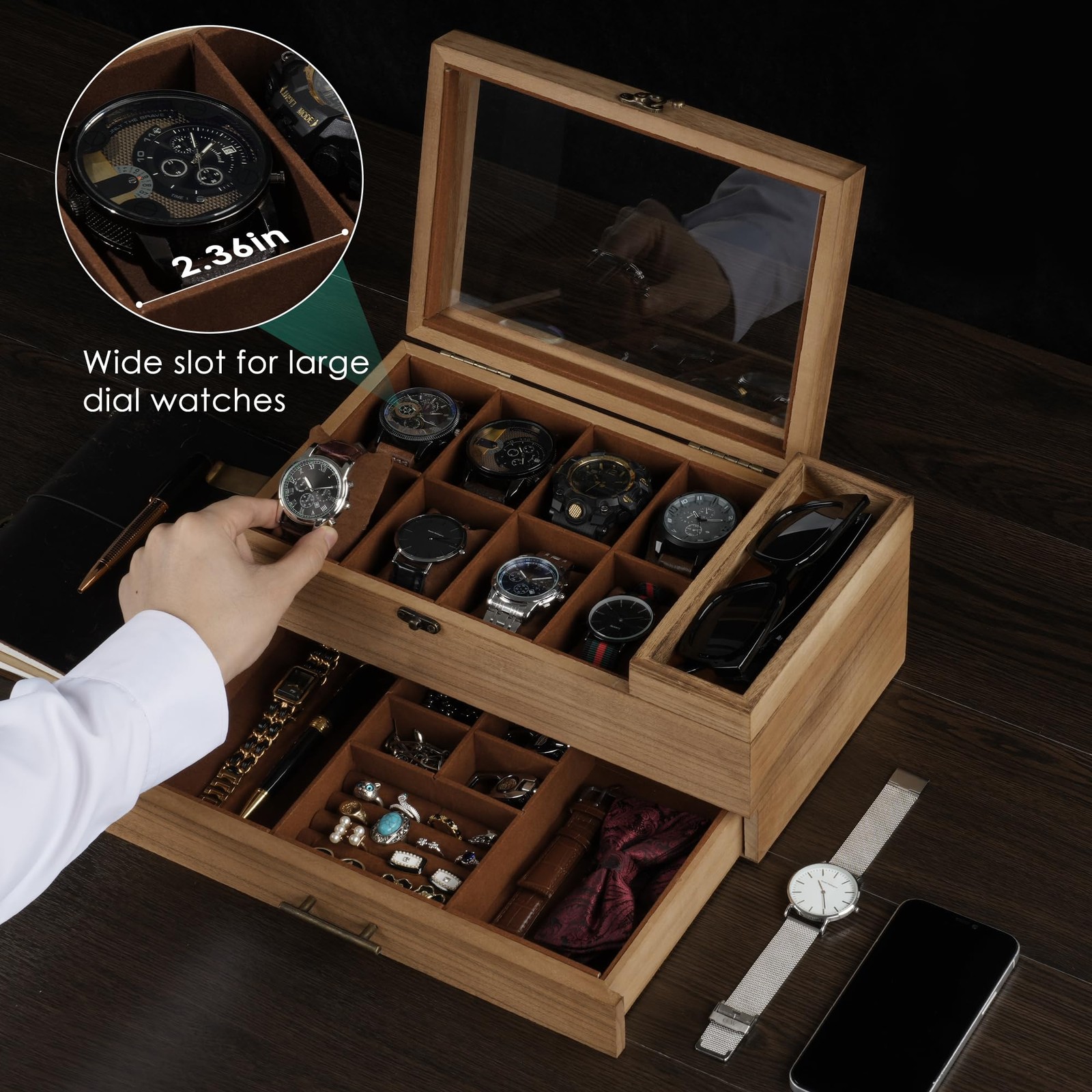 Watch Box with Tray, 2-Tier Watch Case for Large Dial Watches, 8-Slot Watch D…