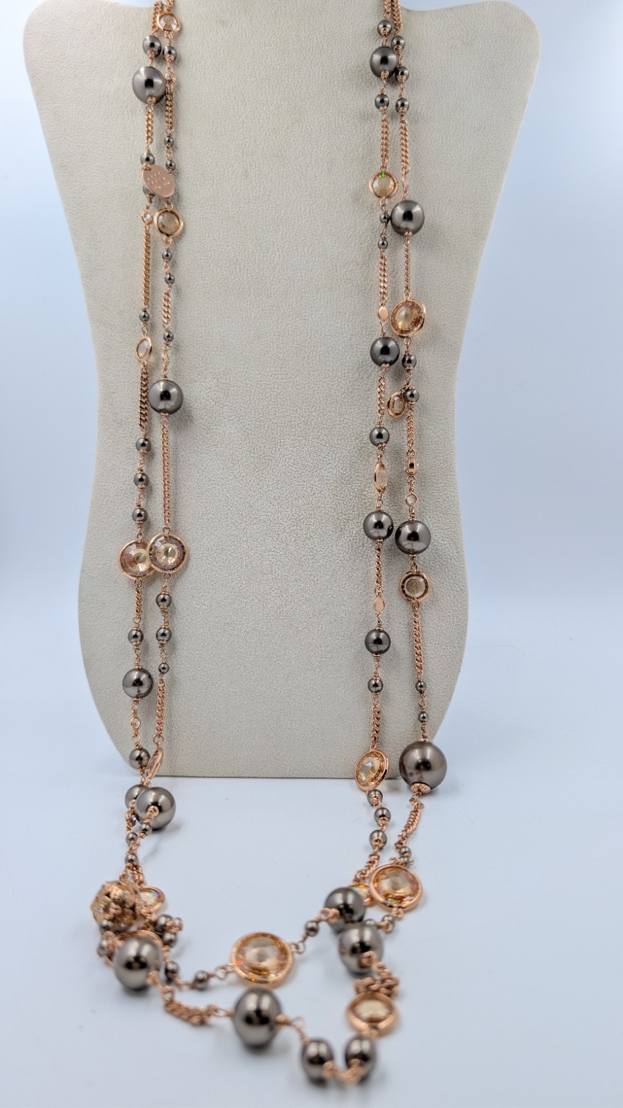 HENRI BENDEL Gold Rose Tone, Crysta & Faux Pearl Two Strand Long Necklace 40”