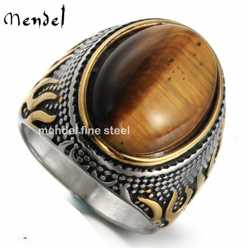 MENDEL Mens Stainless Steel Gold Plated Oval Tiger Eye Stone Ring Size 7 8 9-15