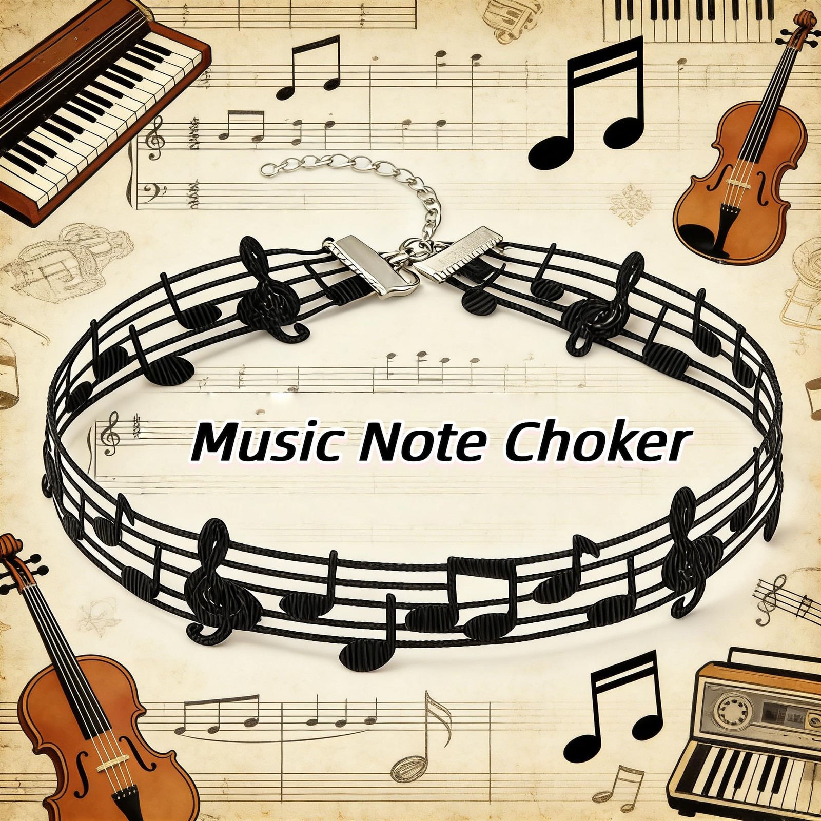 Zaxomum Cute Black Music Note Choker Necklace for Women – 11.81 inches, black