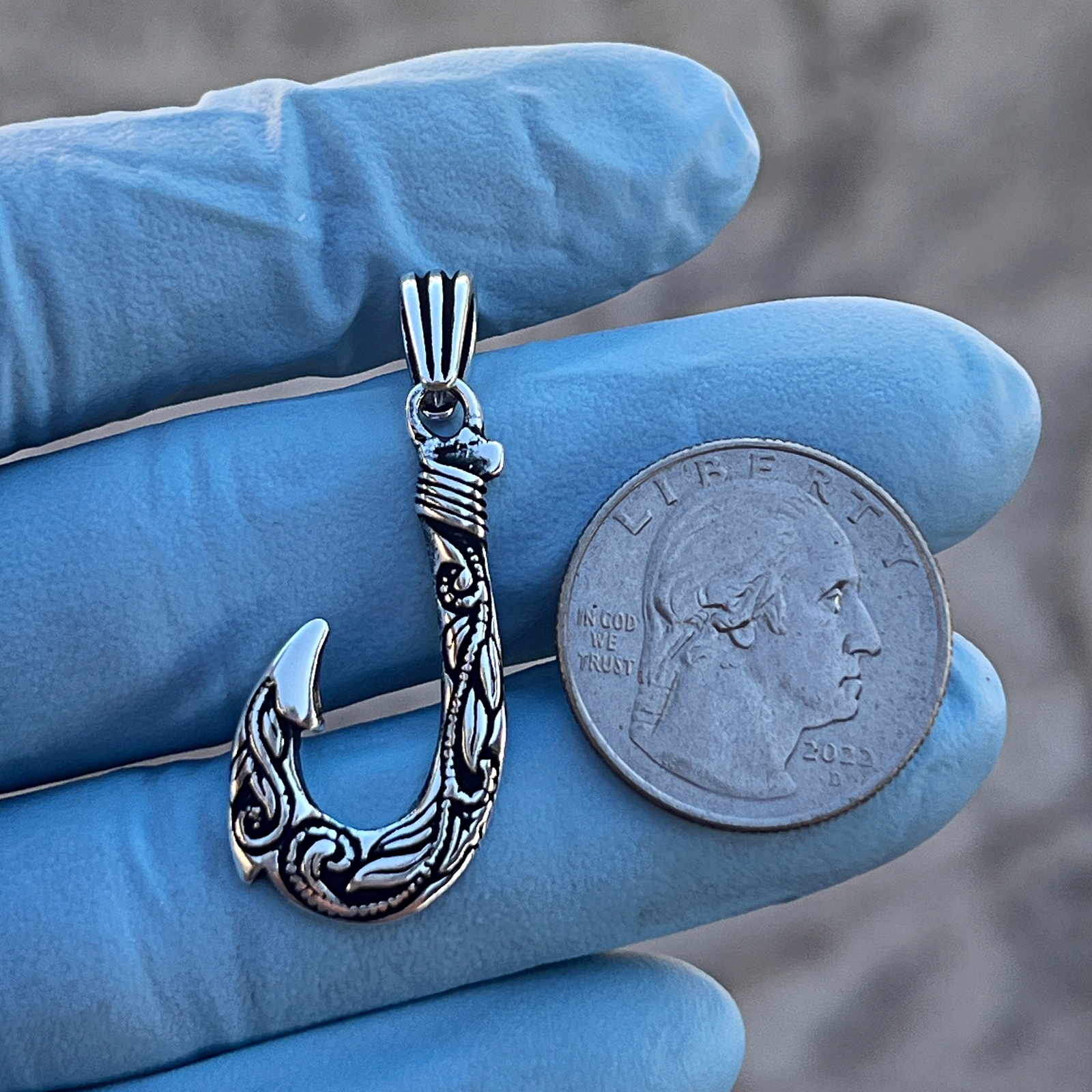 Real 925 Sterling Silver Hawaiian Fishing Fish Hook Tribal Scroll Makau Pendant