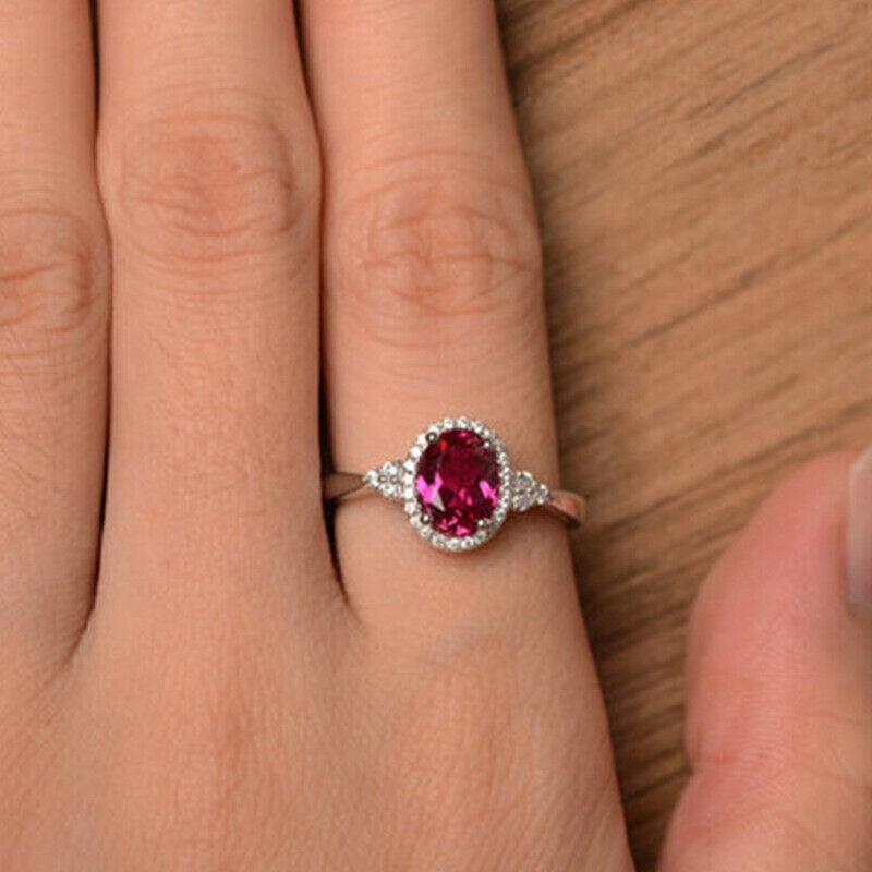 2CT Lab Created Red Ruby Diamond Wedding Engagement Ring 14K White Gold Plated
