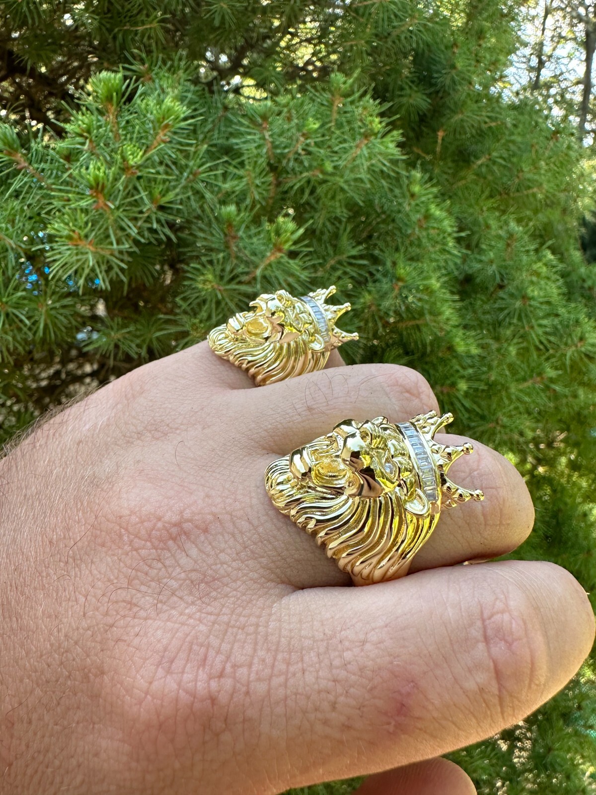 Lion W. Moissanite Baguette Crown 3D Mens Ring – 14k Gold Over Real 925 Silver
