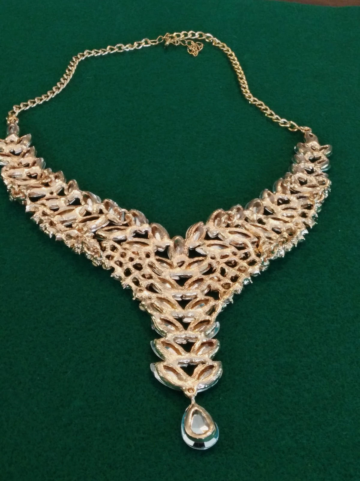 Contemporary Necklace Set Acrylic AB Marquis Stones Gold Tone Pierced Bridal