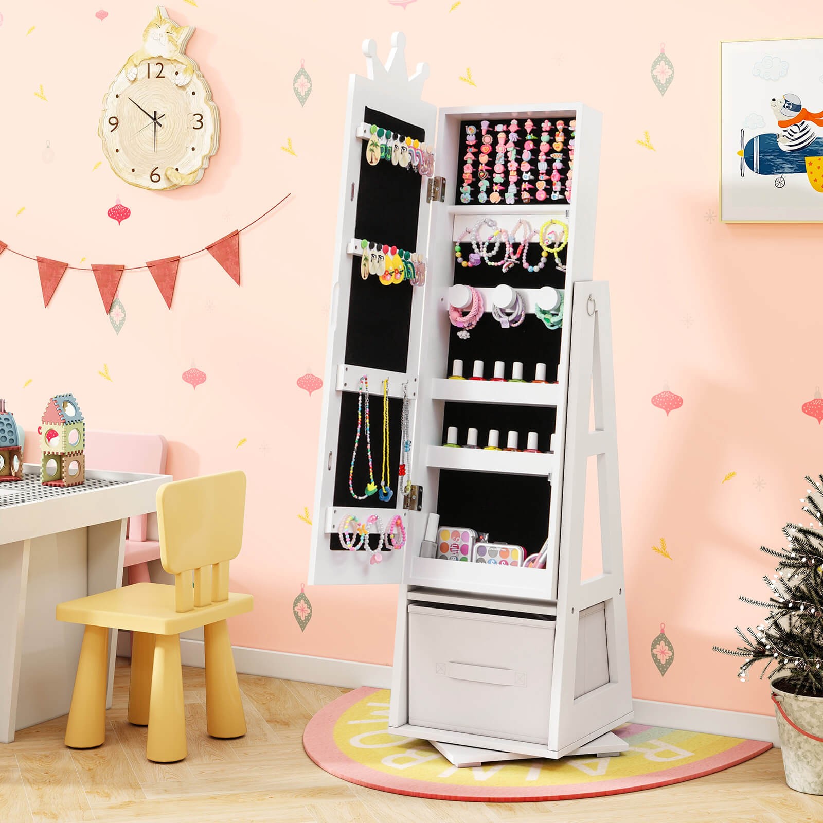 Kids Vanity Set Princess Makeup Dressing Table and Chair Set w/ Jewelry Armoire