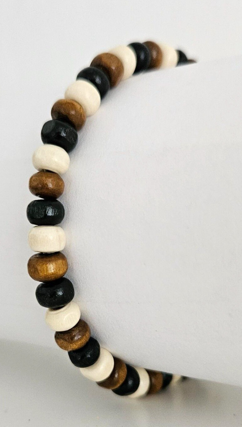 Mens / Womens Wooden Bead Stacker Bracelet – Black White Brown Mix – 5 Sizes