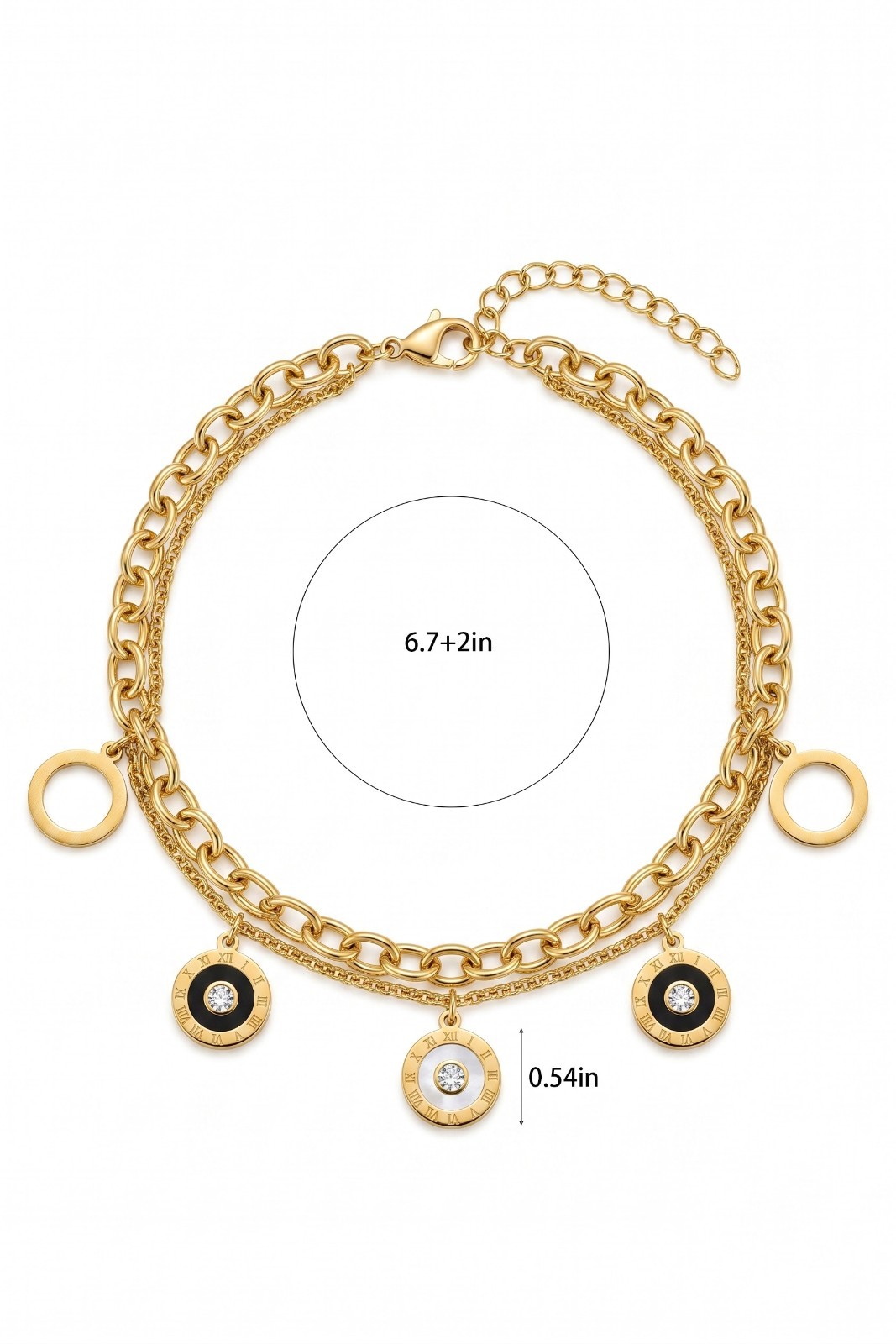 Stainless Steel 18K Gold Plated Roman Numerals Layered Charm Bracelet Jewelry