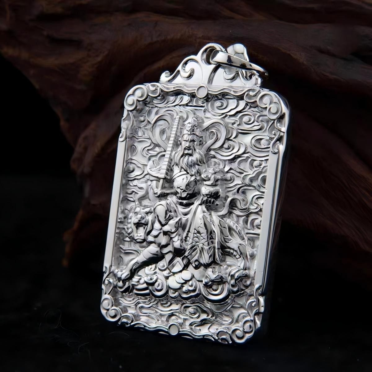 Pure 999 Fine Silver Men Women God Of Wealth Oblong Pendant 34-35g
