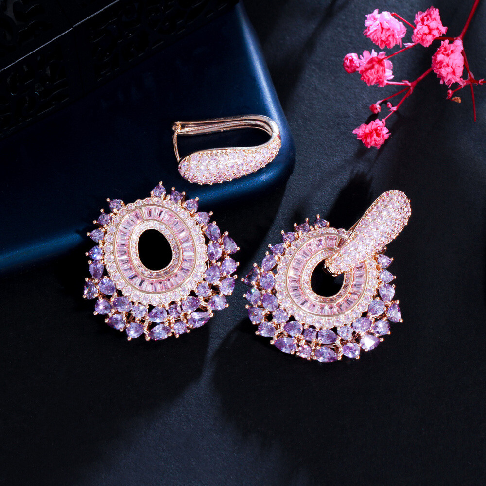 Dainty Double Use Round CZ Big Purple Drop Cluster Dangle Earrings Gold Jewelry