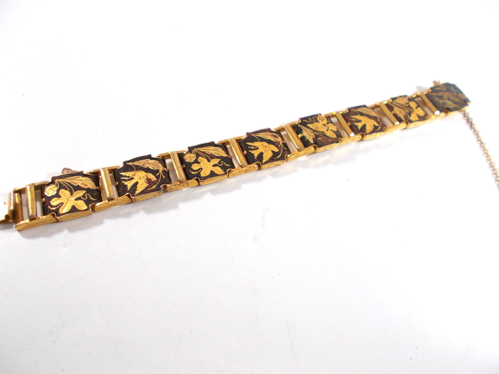 Damascene Style Panel Bracelet Bird Butterfly Flower Design with Safety Chain