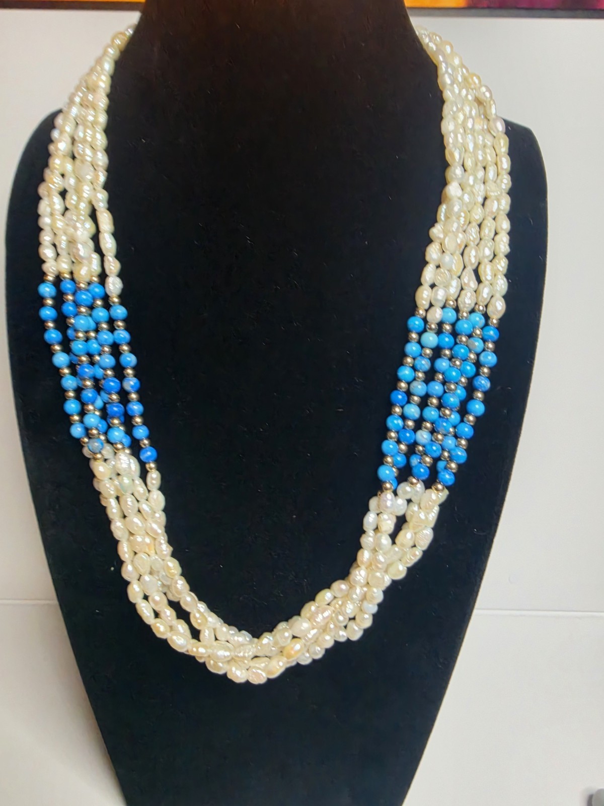 Vintage 6 Strand Freshwater Pearl and Blue Bead Necklace 21″