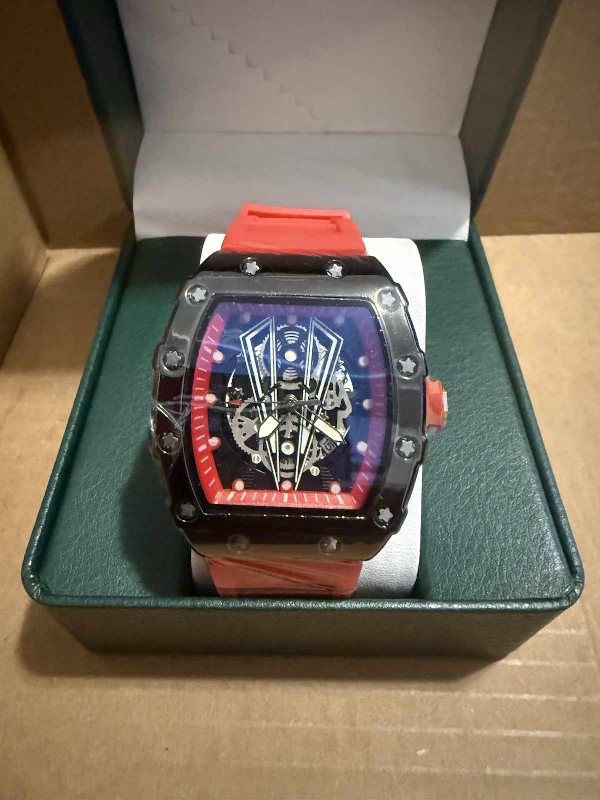 Men’s Tonneau Skeleton Analog Watch Black Case Red Rubber Strap w/ Box