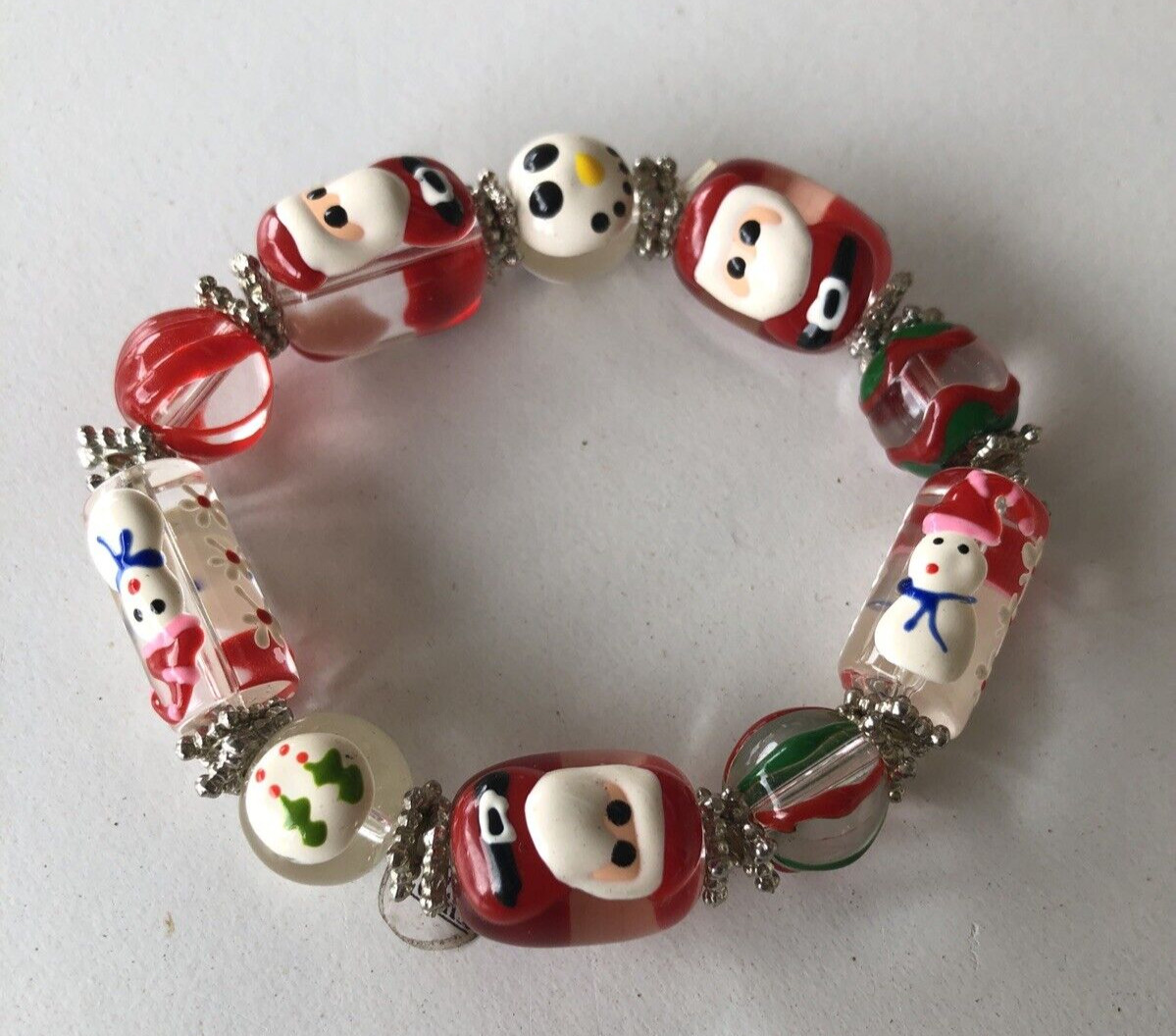 Vintage 1980s Twos Company Christmas Stretch Bracelet Snowman Santa Ornaments