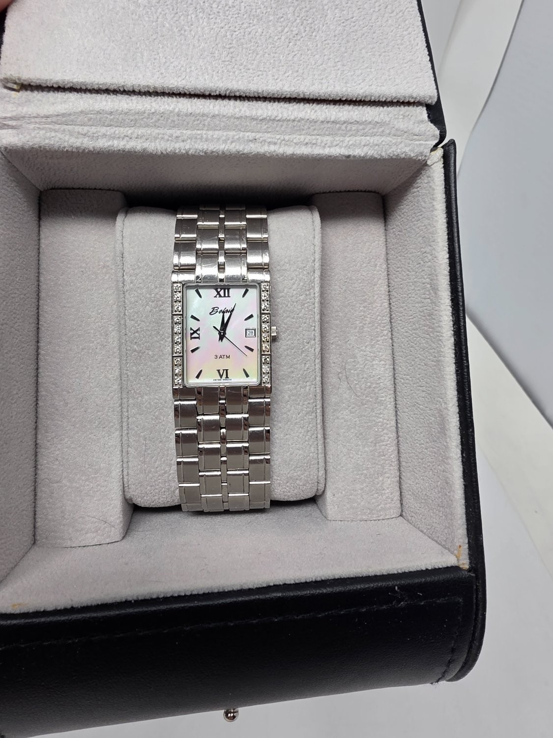 Belair 5785 Tank Watch Mother of Pearl Diamond Dial Stainless Steel CIB Complete