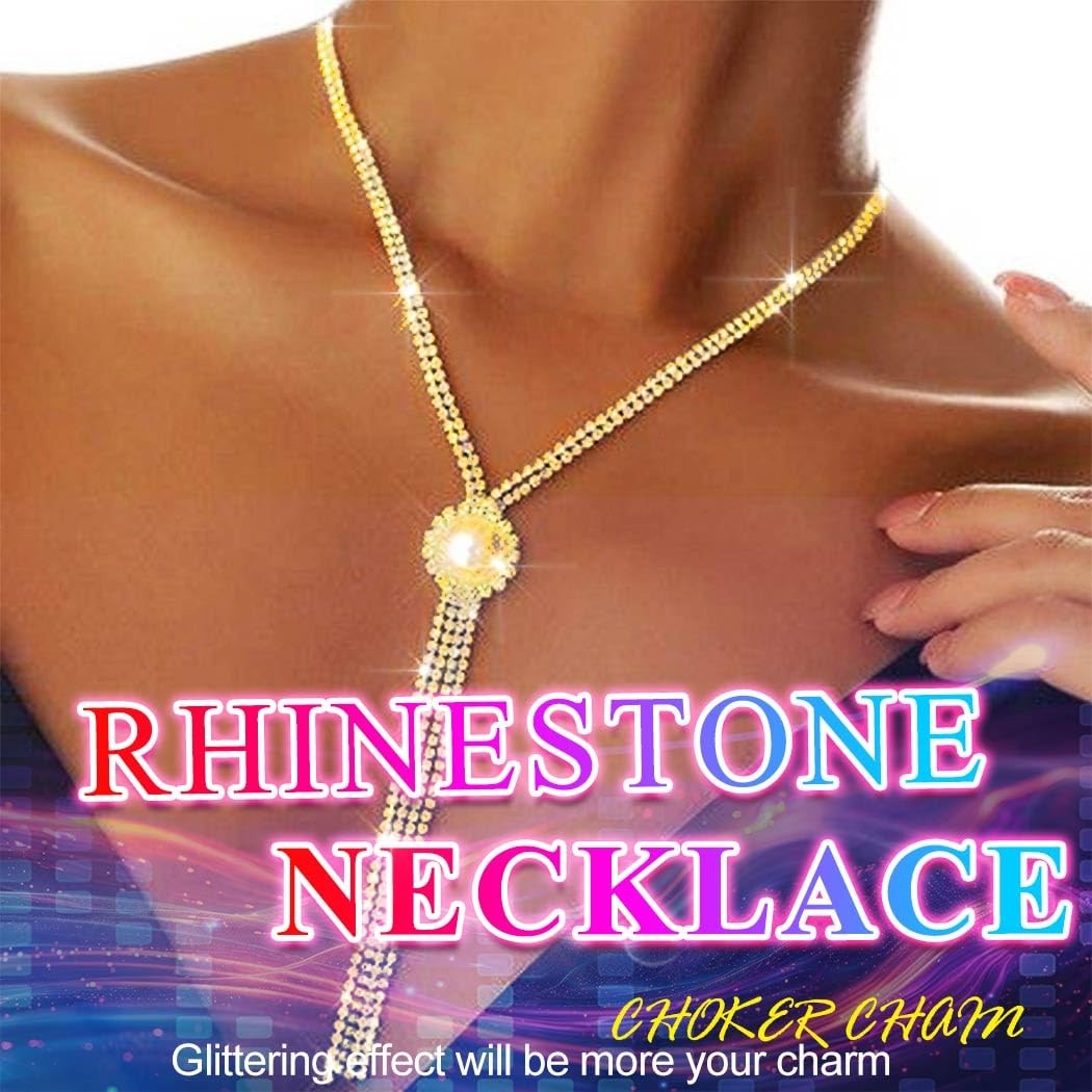 Rhinestone Y-Necklace Choker Chain (18.5in (Length), 9.4in (Height), Gold)