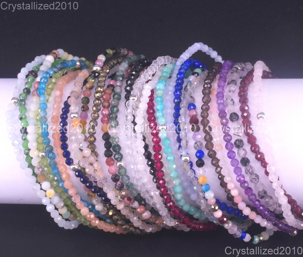 Natural Faceted Round Gemstone 2mm 3mm 4mm Handmade Beads Stretchy Bracelet 925