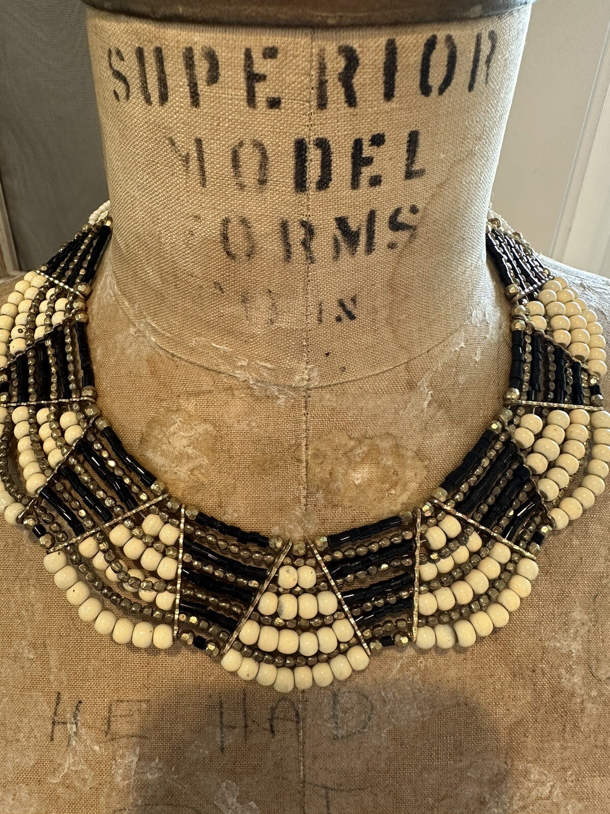 Multi-Strand Beaded Choker Bib Necklace Boho Tribal Black Cream Gold Festival