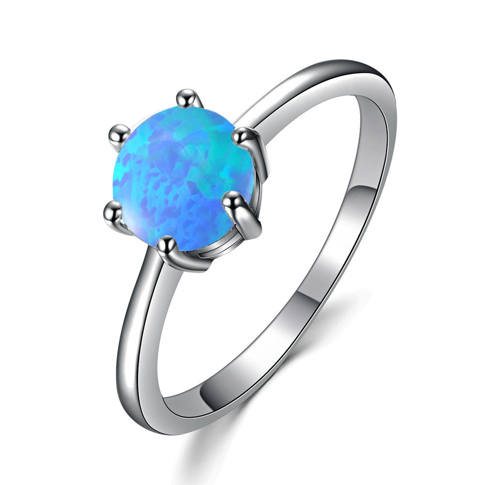 Simple Round Design 6MM Rainbow Blue Fire Opal Silver Woman Ring US Size 6-10