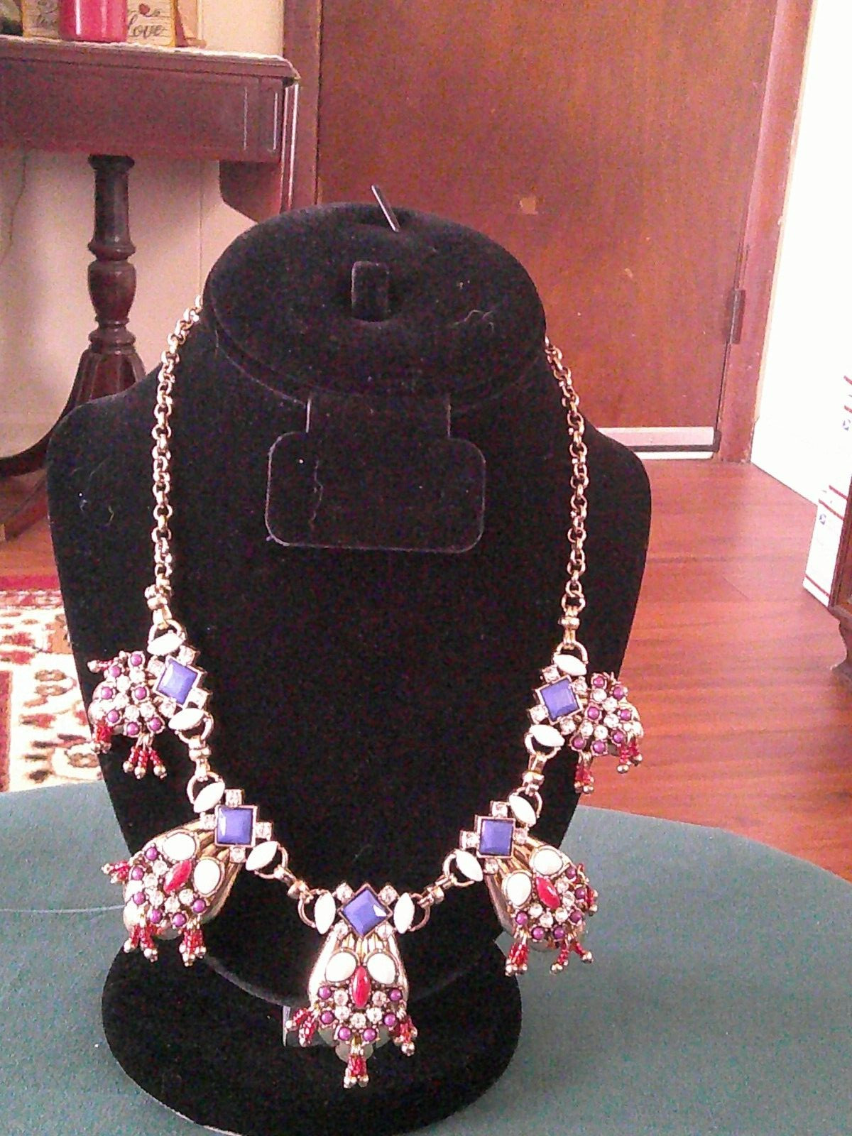 Eye Catching Gold tone Red White Blue Clear bead statement Necklace 21 inch