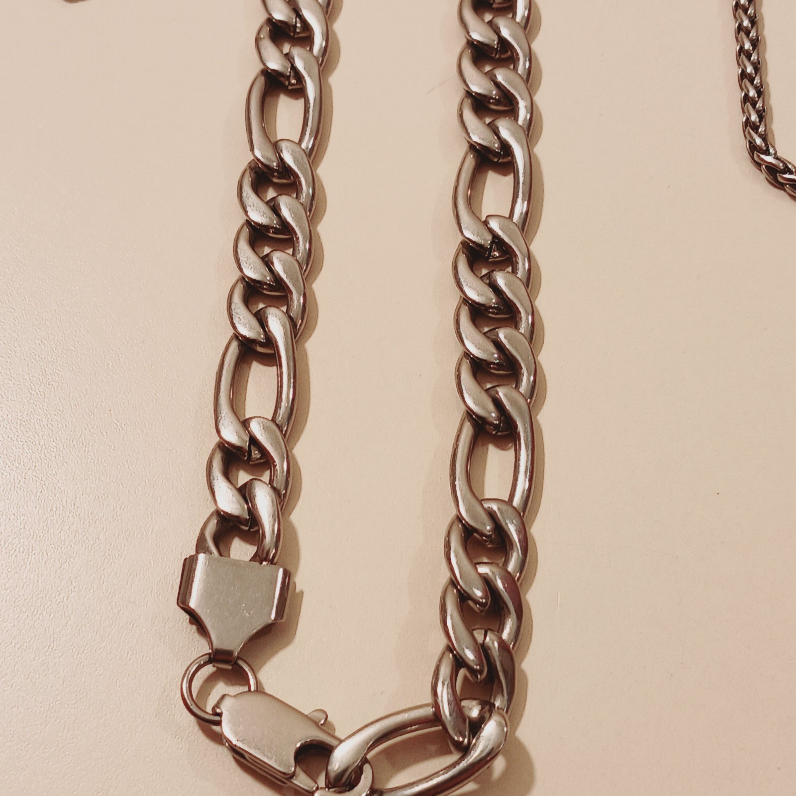Stainless Steel Jewelry Set Lot: Byzantine Anklet 9″ Figaro Necklace 21″ Curb An