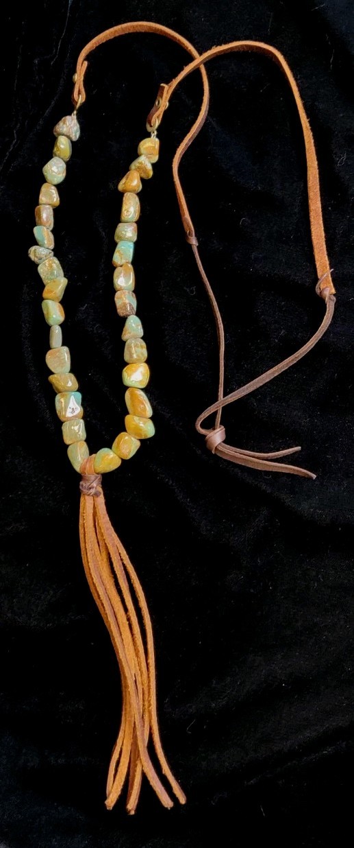 Stone Nugget Necklace Blue Green Brown Matrix Leather Tassel Rustic Boho Long