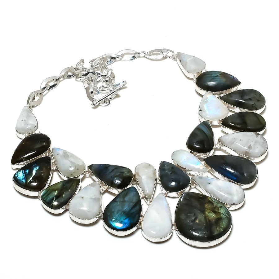 Blue Fire Labradorite Rainbow Moonstone Gemstone Handmade Necklace 18” SR 7649