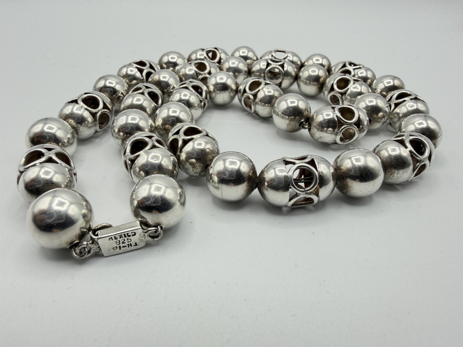 114g VTG Taxco Mexico 925 Sterling Silver Lantern Ball Bead Heavy Necklace 27”