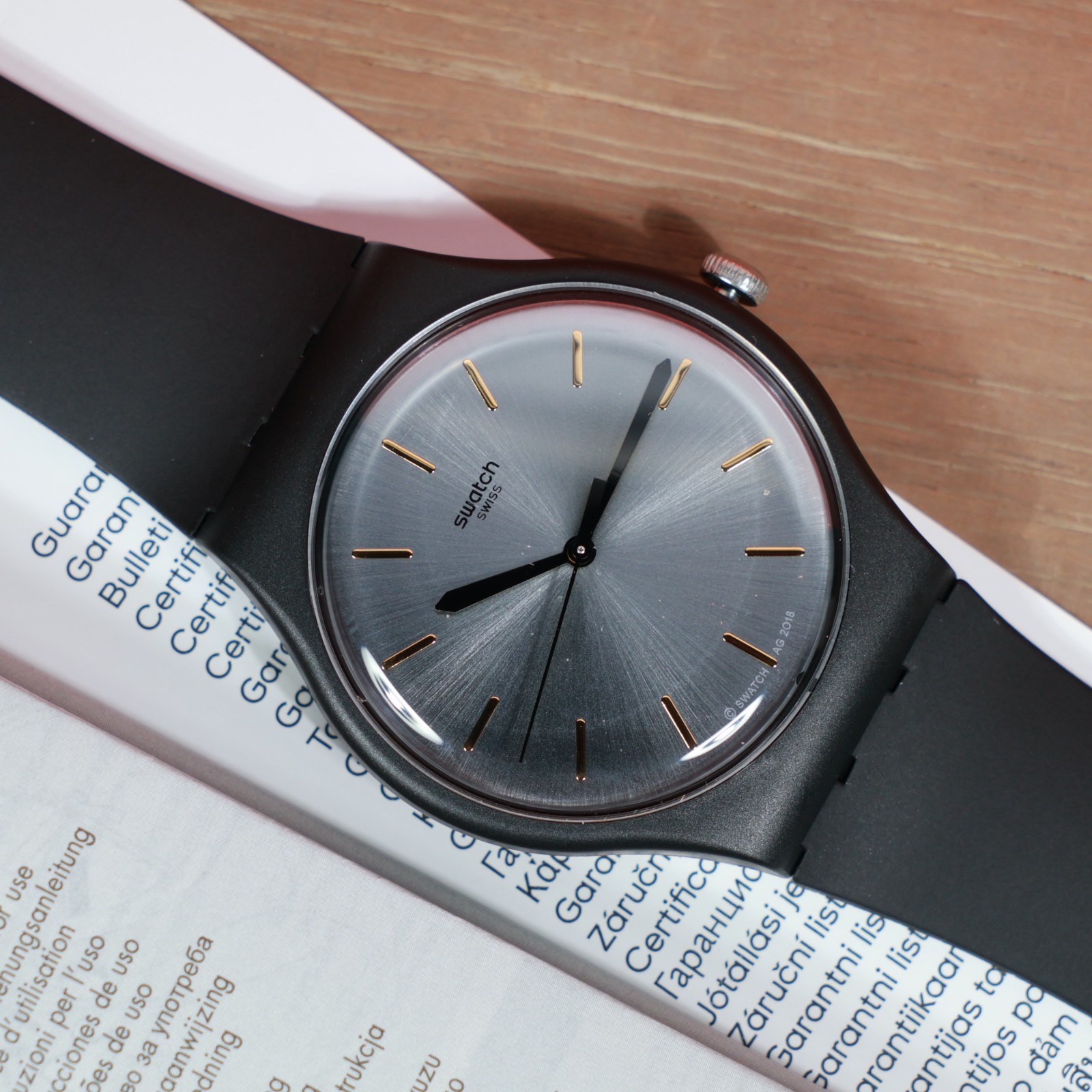 New Swiss Limited Swatch BackToBlack 41MM Matte Black Gray Gold Colored SUOB173