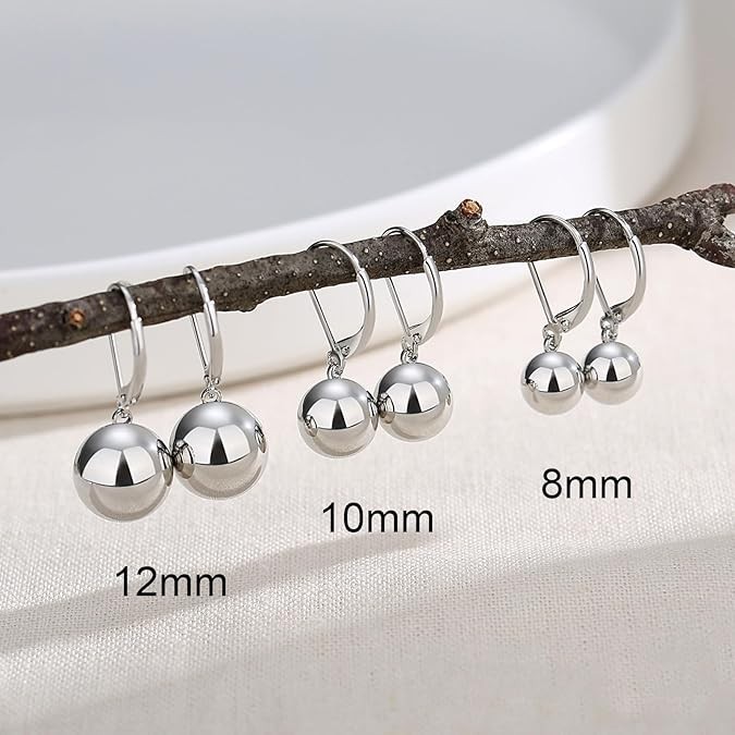 925 Sterling Silver Jewelry Leverback Ball Drop Dangle Earrings for Women 12 MM