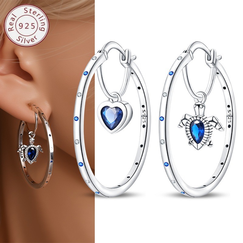 KUNSIR 925 Sterling Silver Heart Sea Turtle Hoop Earrings For Women Gift Party